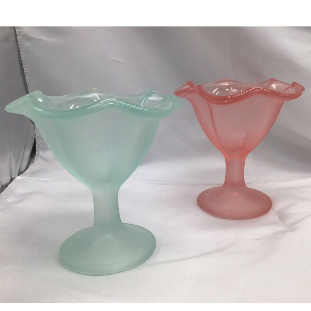 Pair Satin Glass Ice Cream Dishes Old Fashion Sundae Party Mid Century